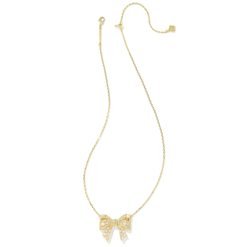 Kendra Scott Krista Gold Bow Short Pendant Necklace in White Mix - Picture 2 of 8